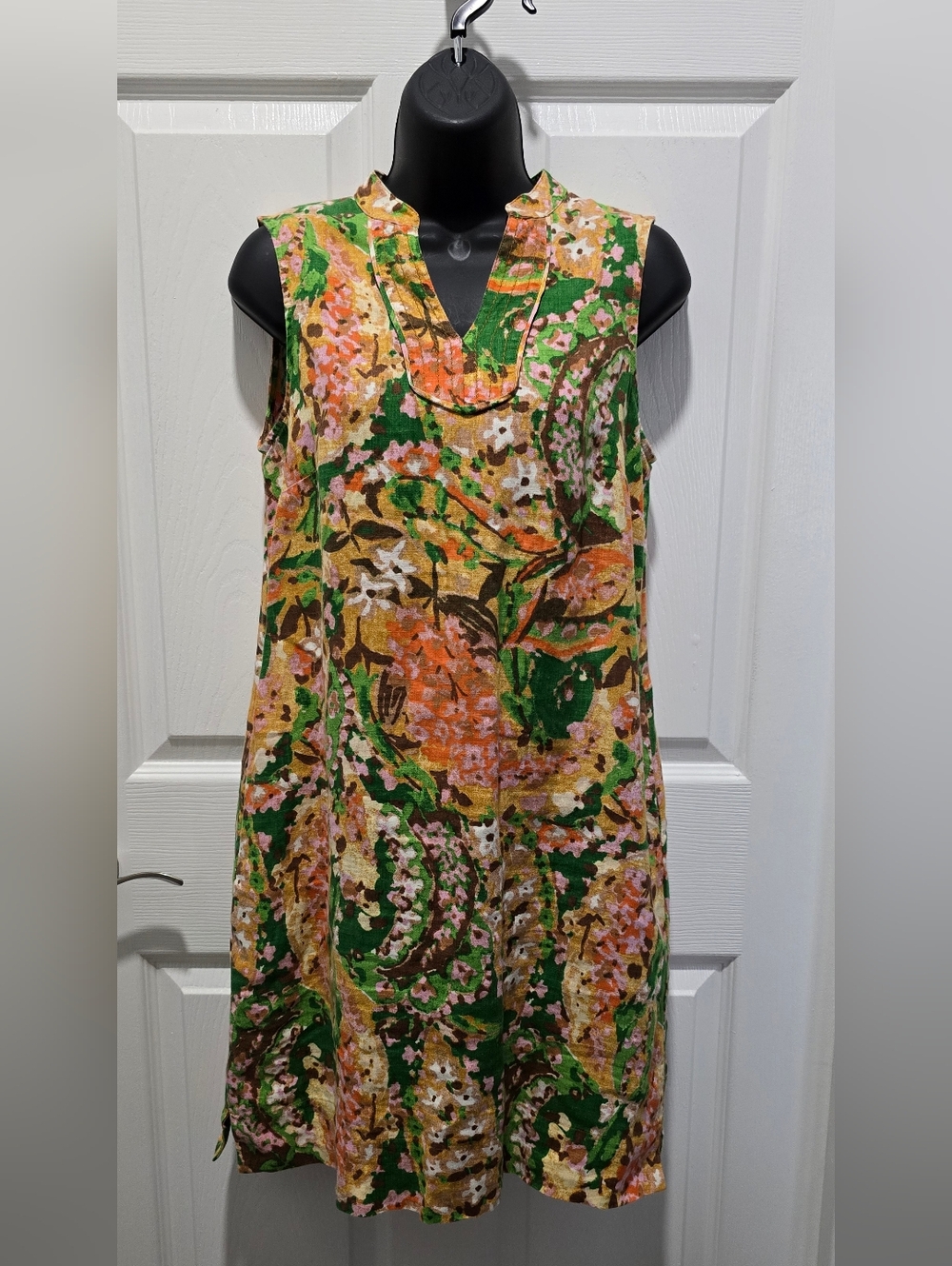 Lands' End Green Floral Sleeveless Mini Dress with Pink & Orange Accents